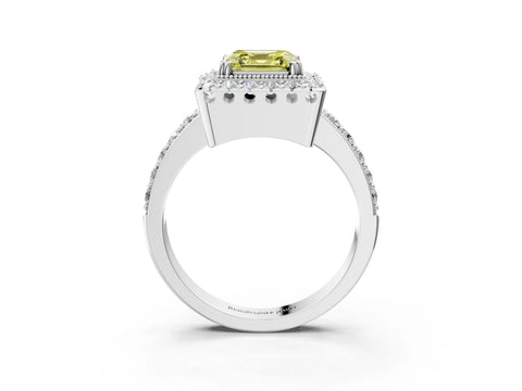 White gold Fancy Yellow Asscher Cut Diamond Halo Ring with Pavé Band and Prong Setting_27