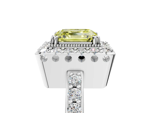 White gold Fancy Yellow Asscher Cut Diamond Halo Ring with Pavé Band and Prong Setting_29