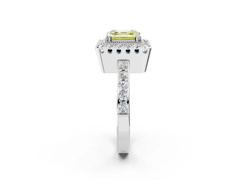 White gold Fancy Yellow Asscher Cut Diamond Halo Ring with Pavé Band and Prong Setting_2