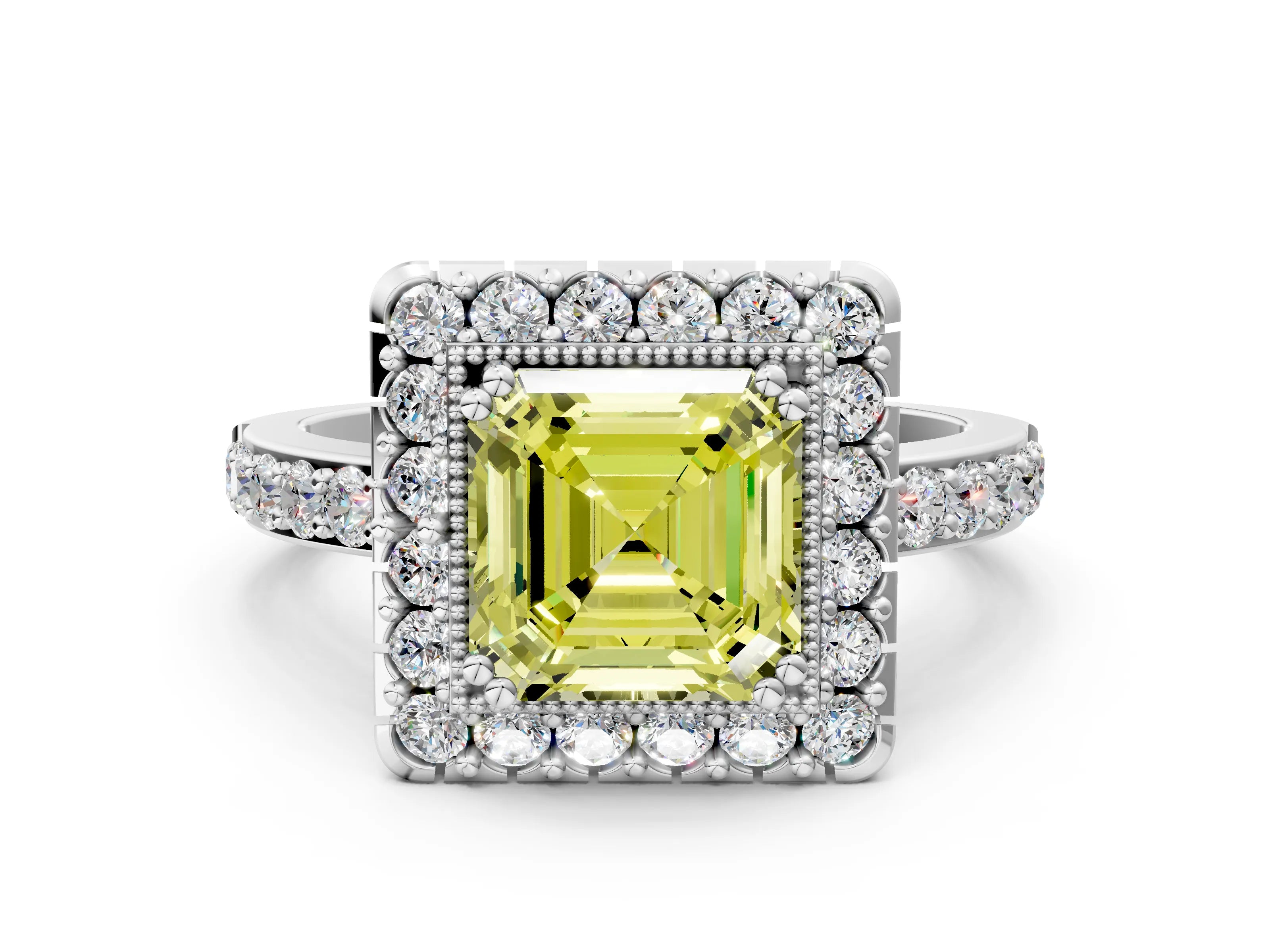 White gold Fancy Yellow Asscher Cut Diamond Halo Ring with Pavé Band and Prong Setting_36