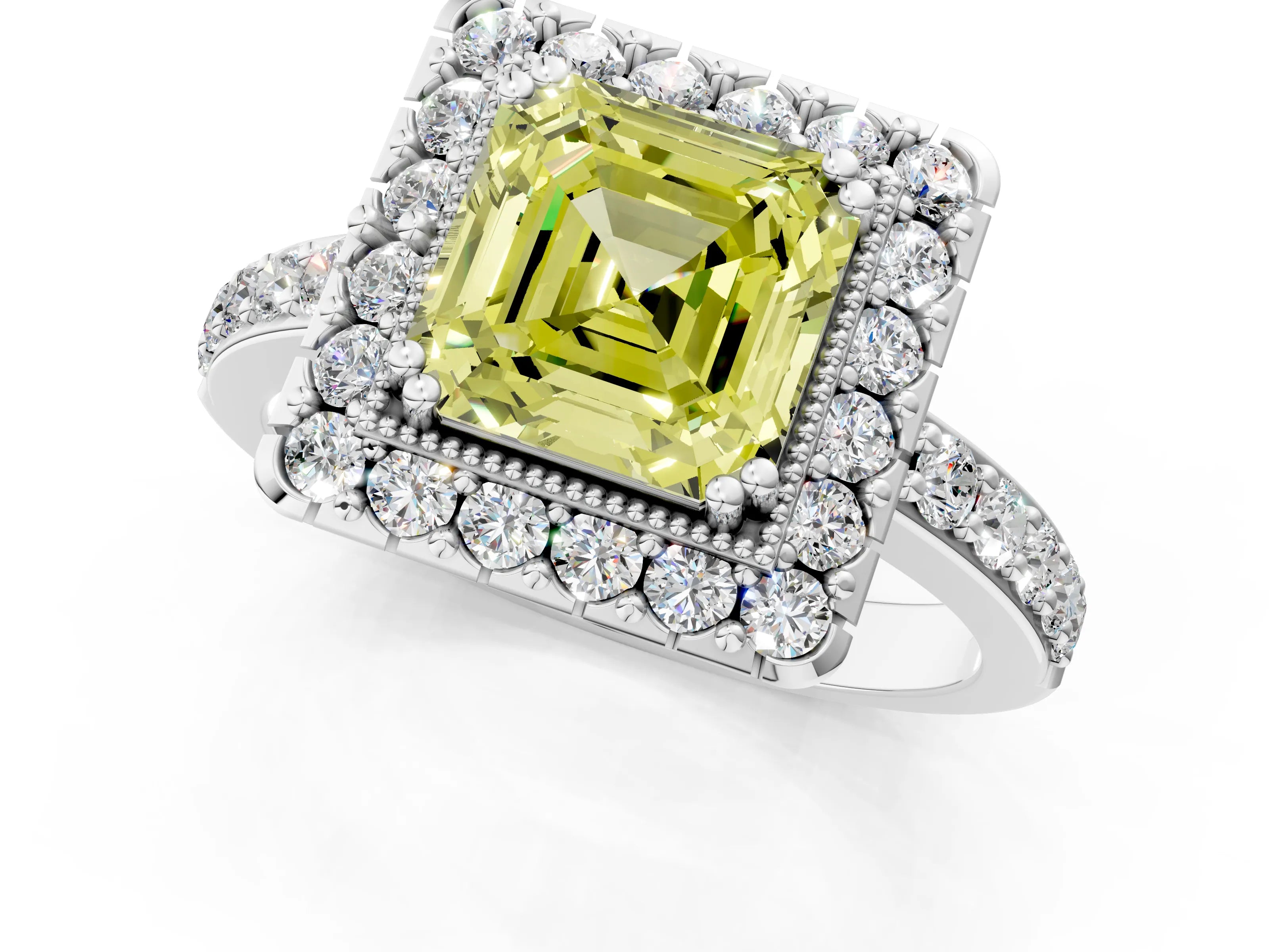 White gold Fancy Yellow Asscher Cut Diamond Halo Ring with Pavé Band and Prong Setting_37
