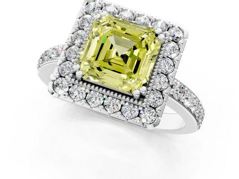 White gold Fancy Yellow Asscher Cut Diamond Halo Ring with Pavé Band and Prong Setting_37