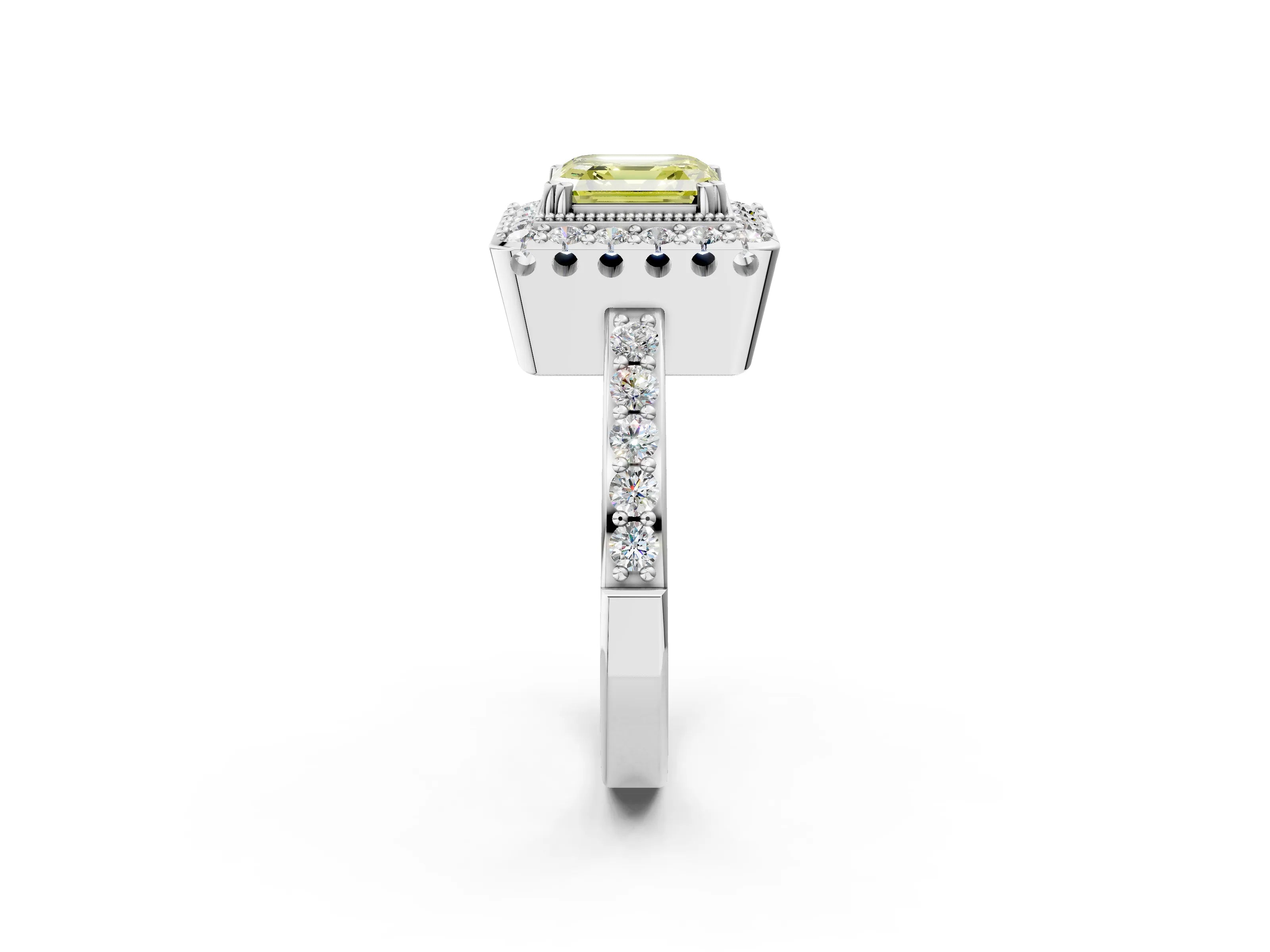 White gold Fancy Yellow Asscher Cut Diamond Halo Ring with Pavé Band and Prong Setting_38