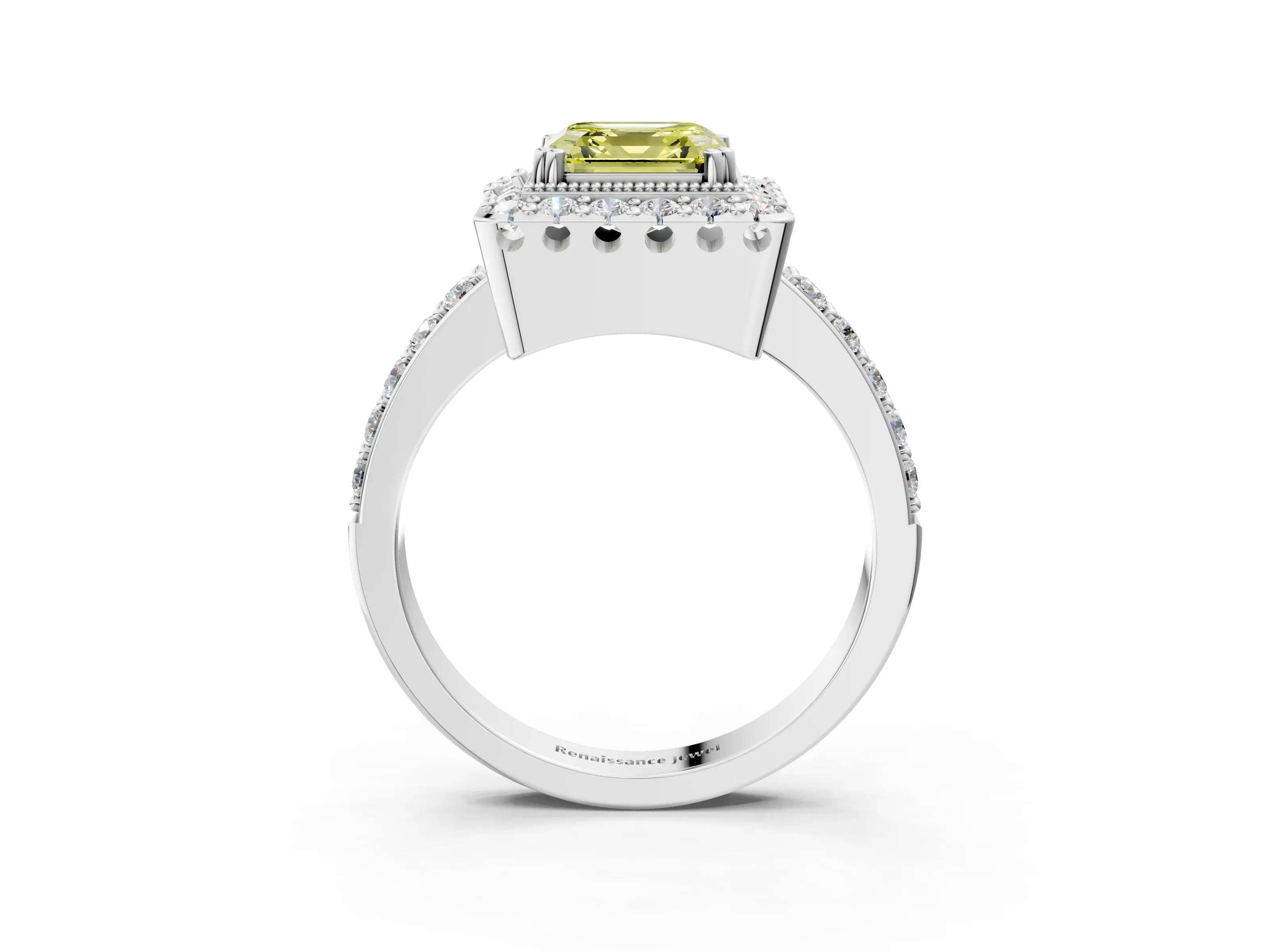 White gold Fancy Yellow Asscher Cut Diamond Halo Ring with Pavé Band and Prong Setting_39