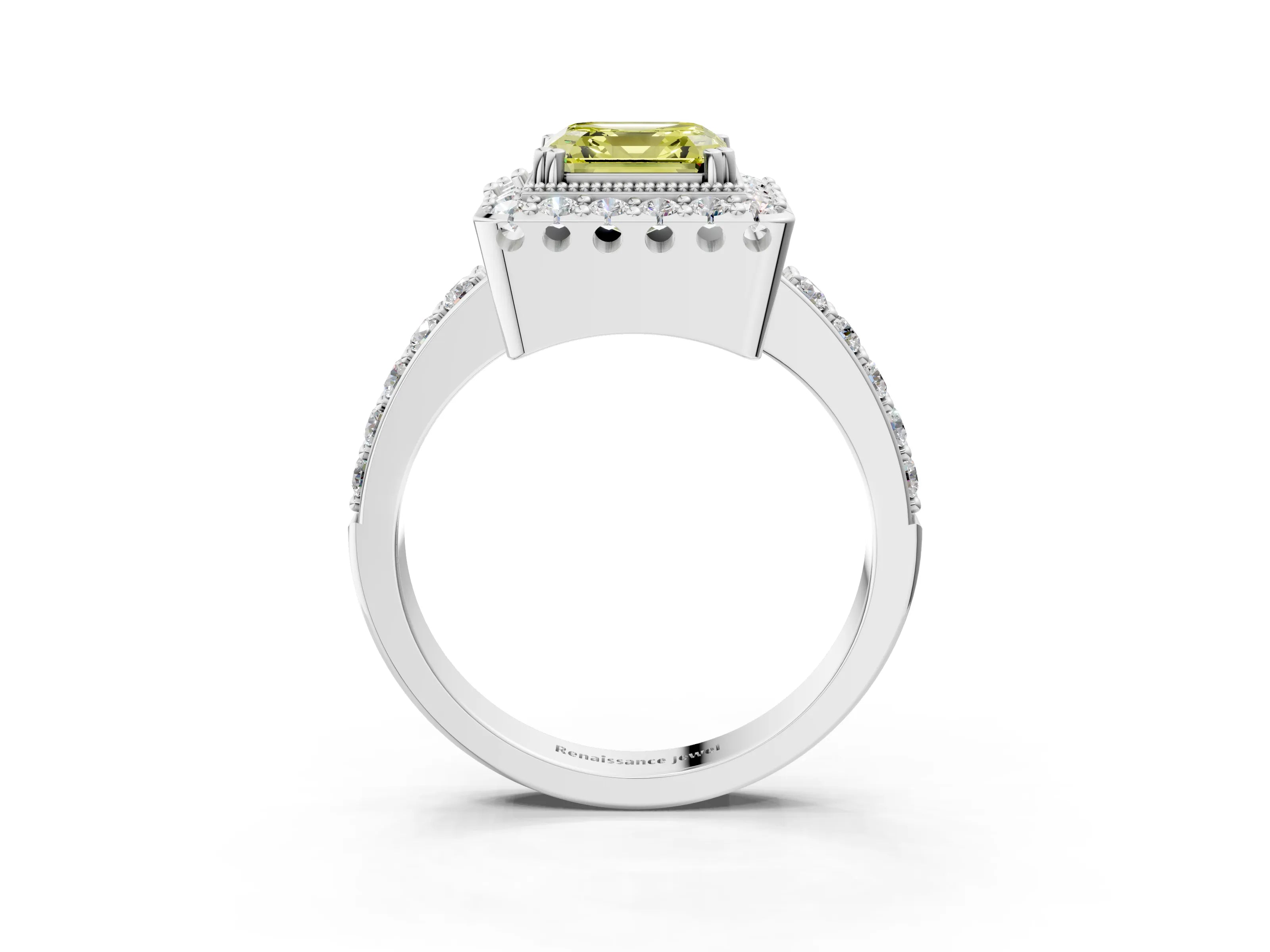 White gold Fancy Yellow Asscher Cut Diamond Halo Ring with Pavé Band and Prong Setting_3