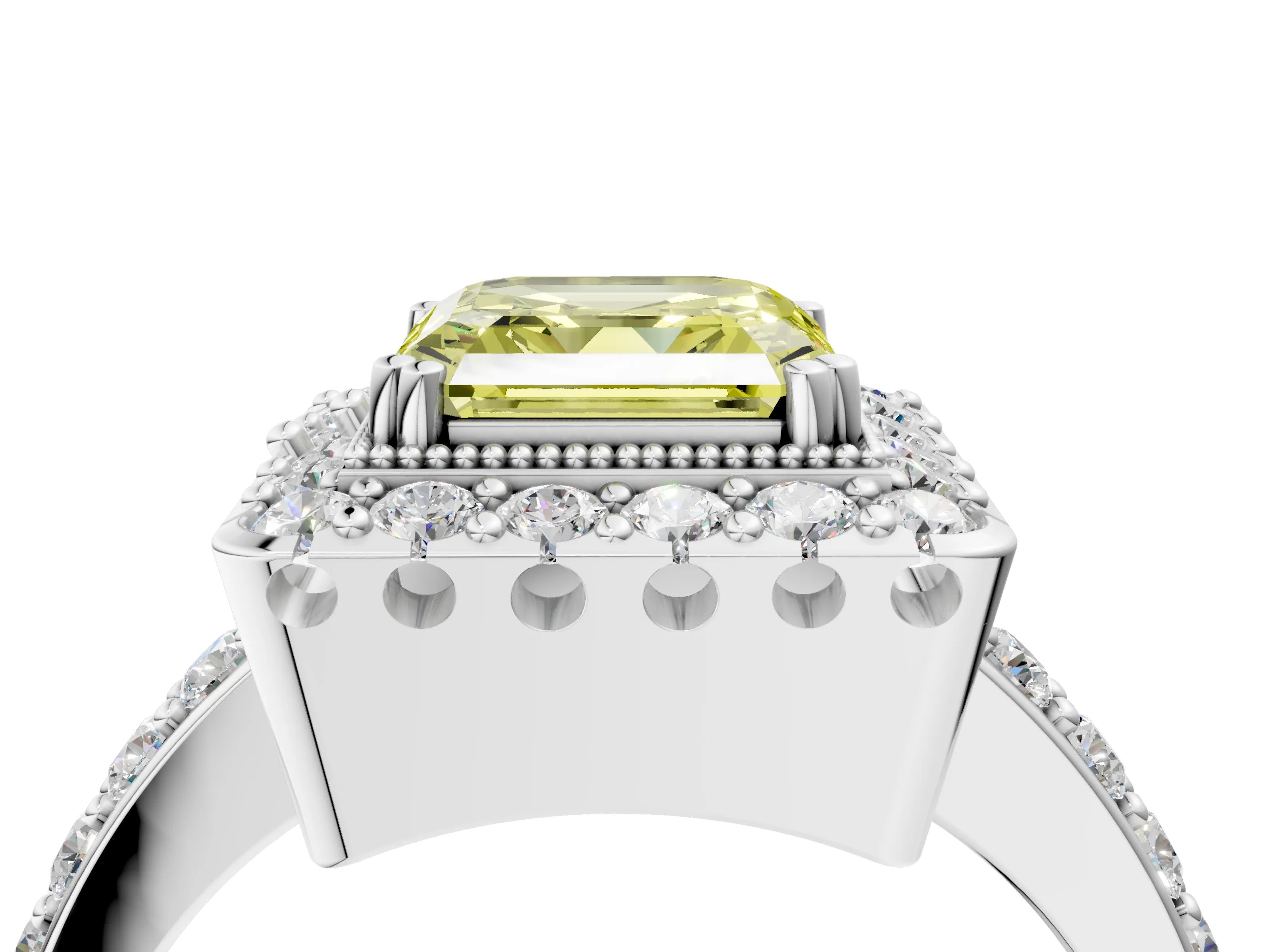White gold Fancy Yellow Asscher Cut Diamond Halo Ring with Pavé Band and Prong Setting_40