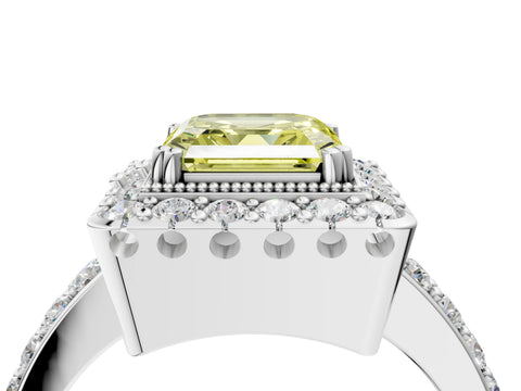 White gold Fancy Yellow Asscher Cut Diamond Halo Ring with Pavé Band and Prong Setting_40