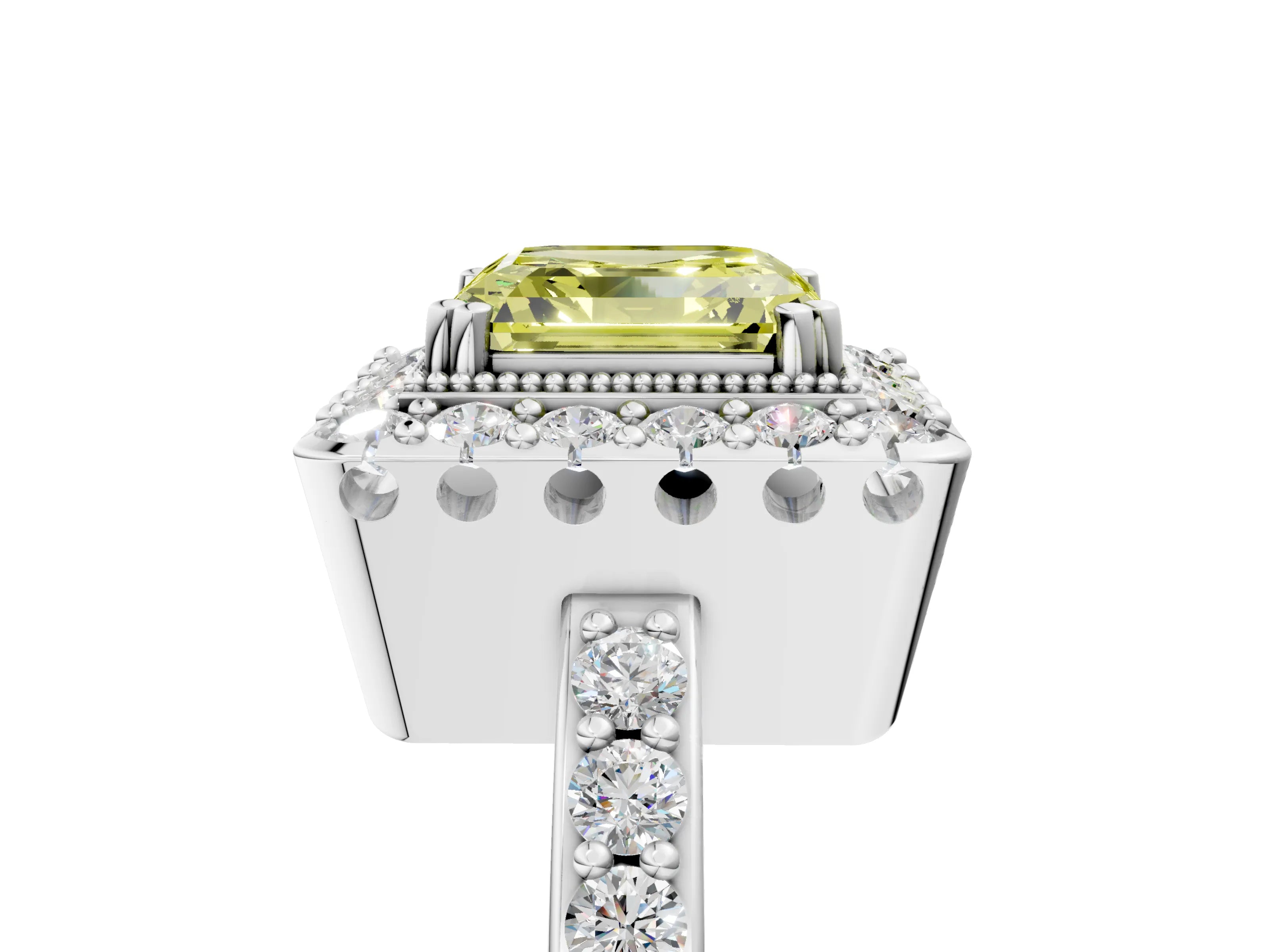 White gold Fancy Yellow Asscher Cut Diamond Halo Ring with Pavé Band and Prong Setting_41