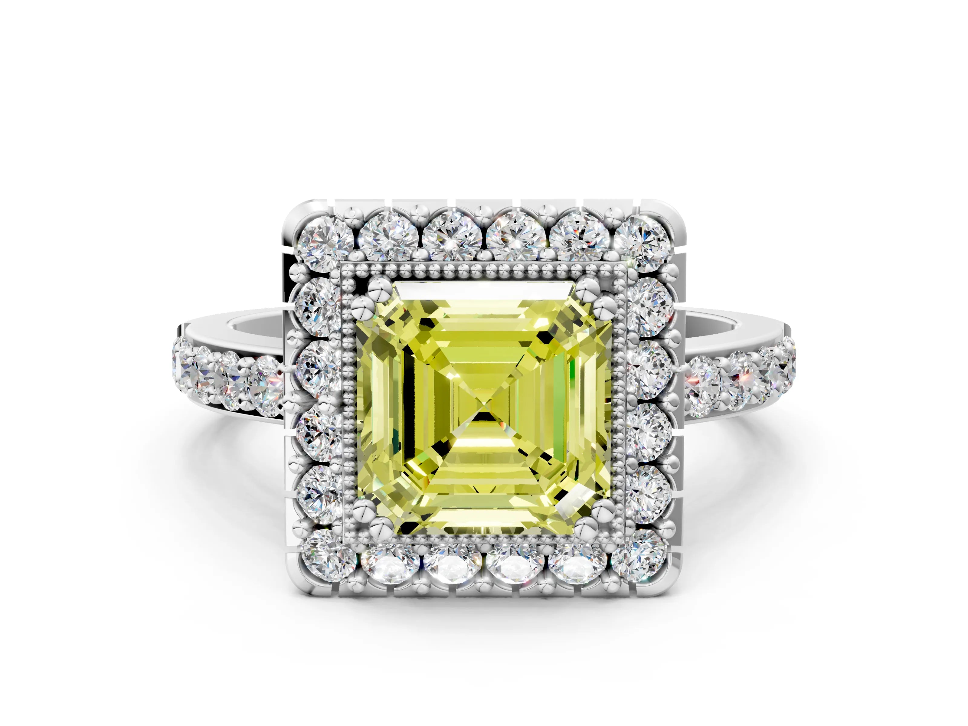 White gold Fancy Yellow Asscher Cut Diamond Halo Ring with Pavé Band and Prong Setting_6