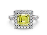 White gold Fancy Yellow Asscher Cut Diamond Halo Ring with Pavé Band and Prong Setting_6