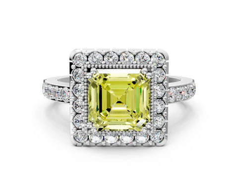 White gold Fancy Yellow Asscher Cut Diamond Halo Ring with Pavé Band and Prong Setting_6