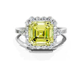 White gold Fancy Yellow Asscher Cut Diamond Halo Ring with Pear Side Stones and Prong Setting_58