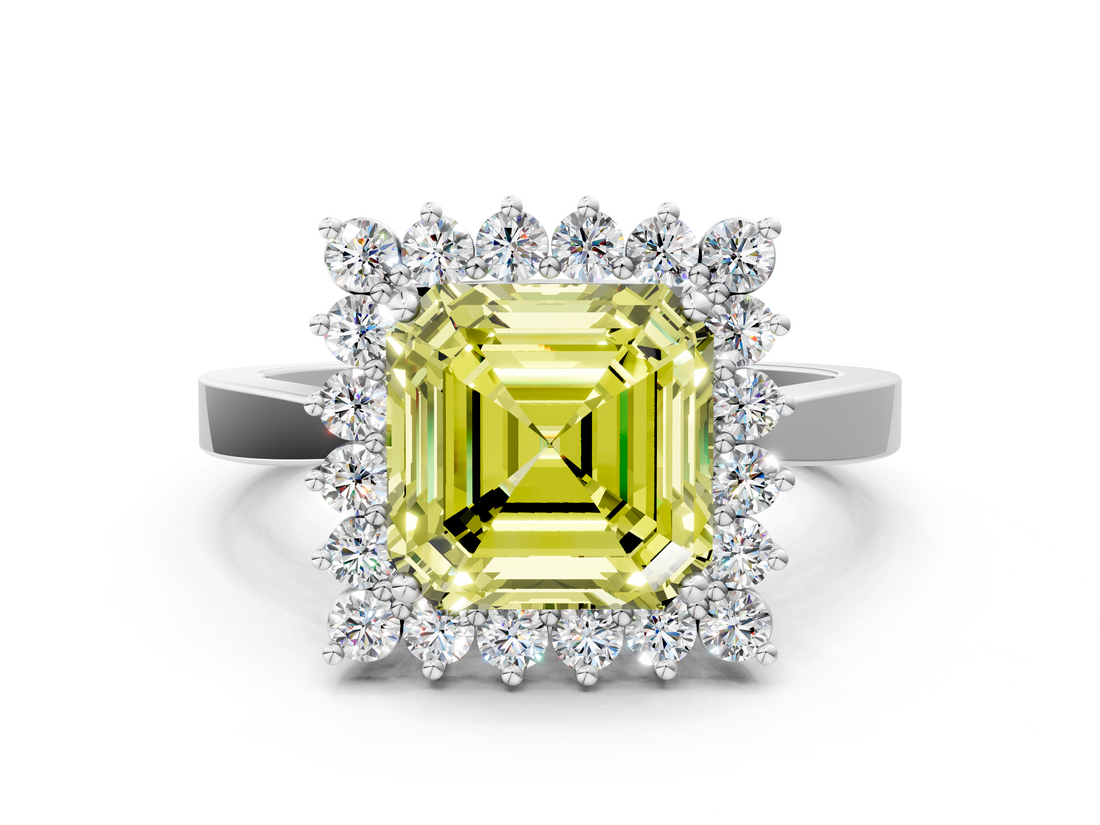 White gold Fancy Yellow Asscher  Cut Diamond Halo Ring with Round Brilliant Halo and Solitaire Band_57