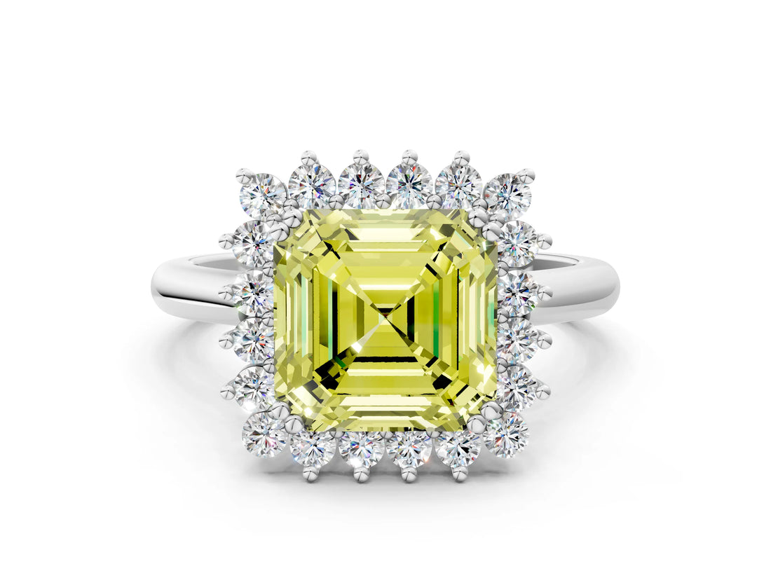 White gold Fancy Yellow Asscher  Cut Diamond Halo Ring with Solitaire Band and Prong Setting_46