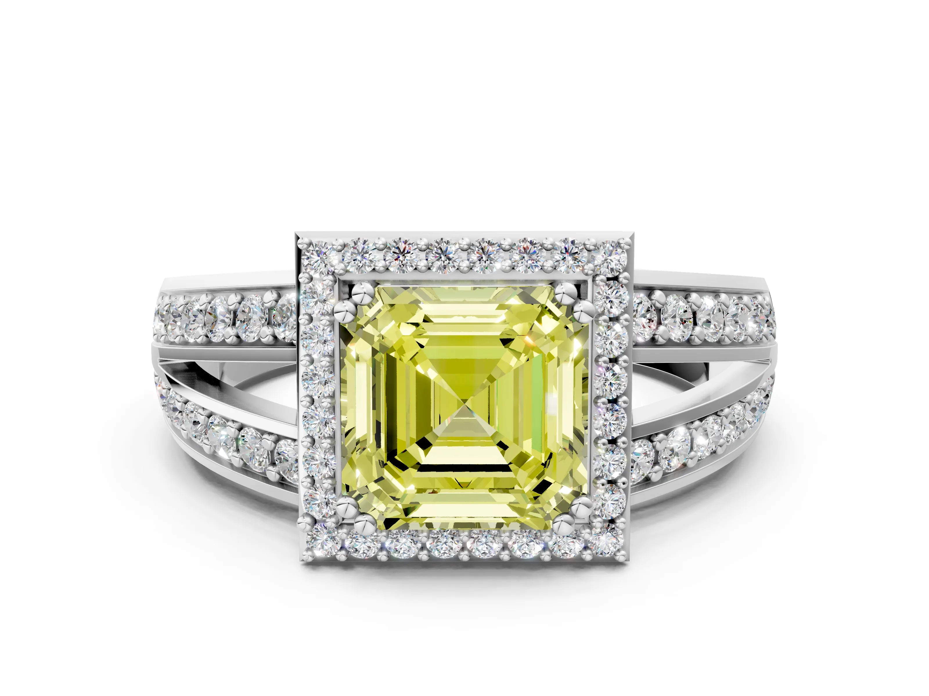 White gold Fancy Yellow Asscher Cut Diamond Halo Ring with Split Shank Pavé Band and Four-Prong Setting_12