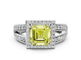 White gold Fancy Yellow Asscher Cut Diamond Halo Ring with Split Shank Pavé Band and Four-Prong Setting_12