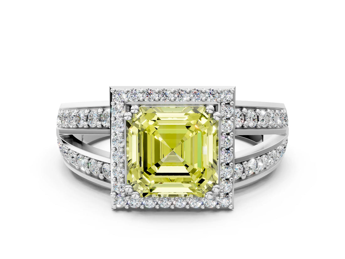 White gold Fancy Yellow Asscher Cut Diamond Halo Ring with Split Shank Pavé Band and Four-Prong Setting_12