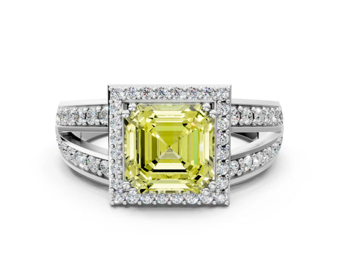 White gold Fancy Yellow Asscher Cut Diamond Halo Ring with Split Shank Pavé Band and Four-Prong Setting_12