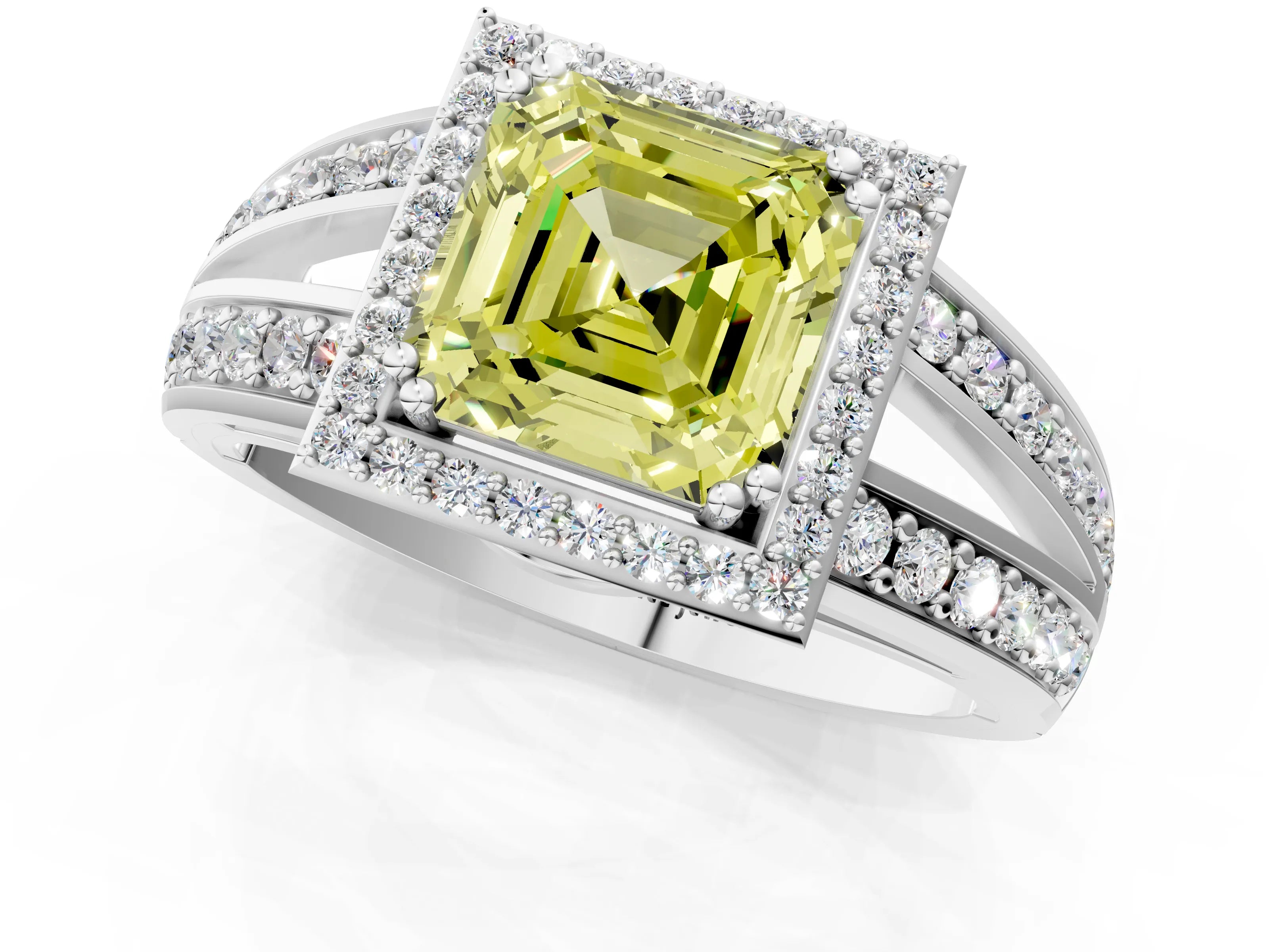 White gold Fancy Yellow Asscher Cut Diamond Halo Ring with Split Shank Pavé Band and Four-Prong Setting_13