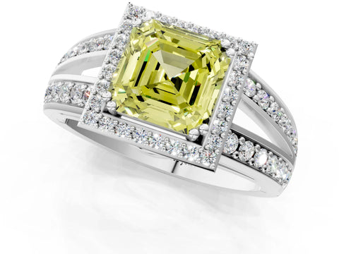 White gold Fancy Yellow Asscher Cut Diamond Halo Ring with Split Shank Pavé Band and Four-Prong Setting_13