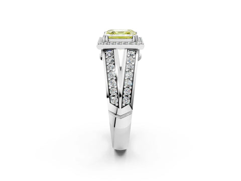 White gold Fancy Yellow Asscher Cut Diamond Halo Ring with Split Shank Pavé Band and Four-Prong Setting_14