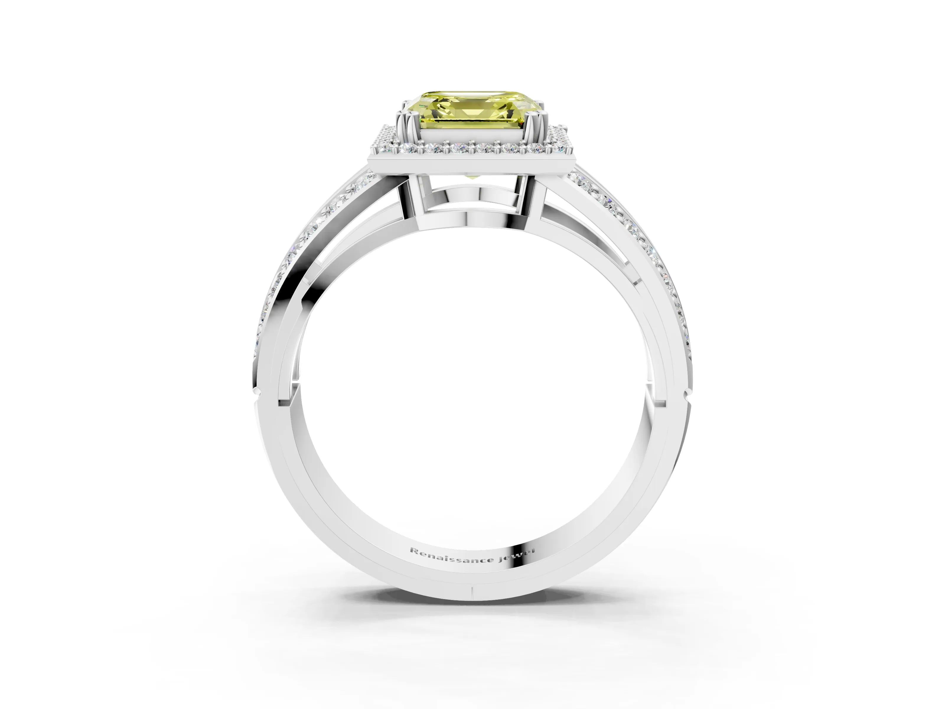 White gold Fancy Yellow Asscher Cut Diamond Halo Ring with Split Shank Pavé Band and Four-Prong Setting_15