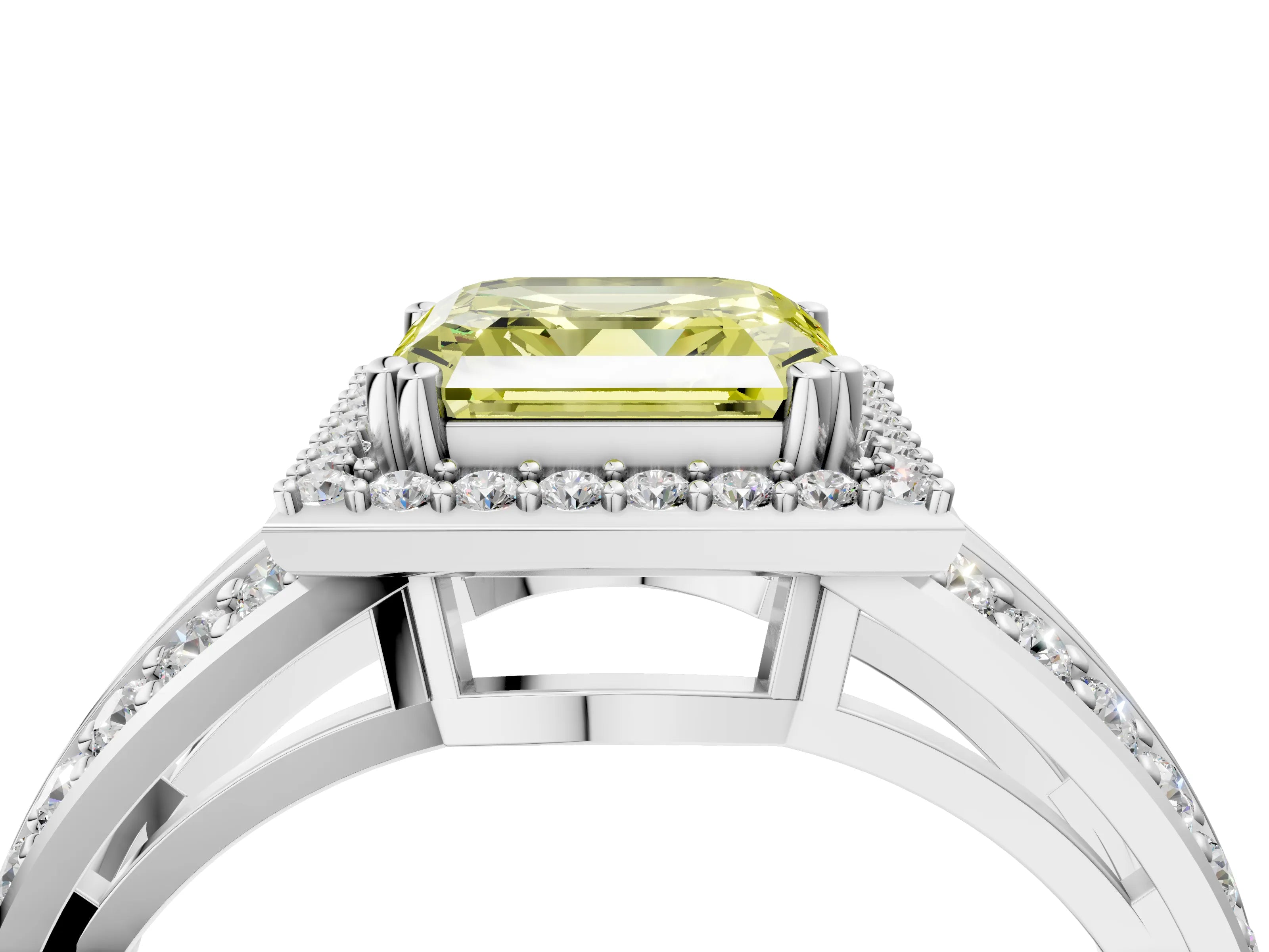 White gold Fancy Yellow Asscher Cut Diamond Halo Ring with Split Shank Pavé Band and Four-Prong Setting_16