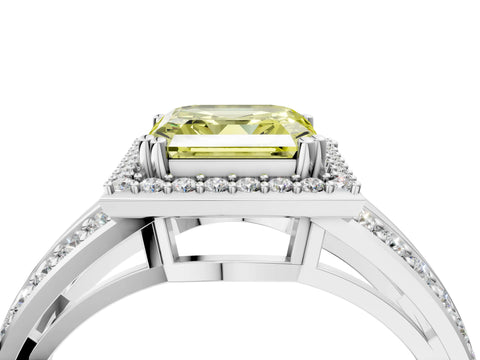 White gold Fancy Yellow Asscher Cut Diamond Halo Ring with Split Shank Pavé Band and Four-Prong Setting_16