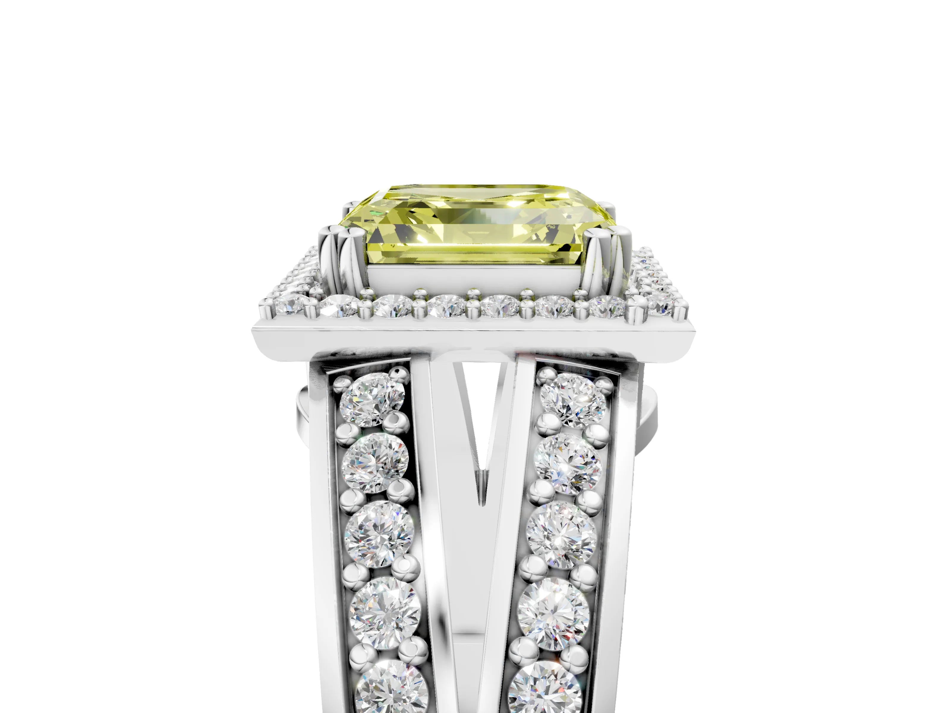 White gold Fancy Yellow Asscher Cut Diamond Halo Ring with Split Shank Pavé Band and Four-Prong Setting_17