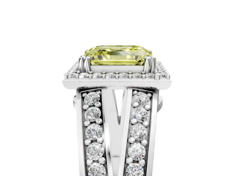 White gold Fancy Yellow Asscher Cut Diamond Halo Ring with Split Shank Pavé Band and Four-Prong Setting_17