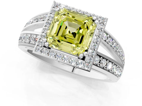 White gold Fancy Yellow Asscher Cut Diamond Halo Ring with Split Shank Pavé Band and Four-Prong Setting_1
