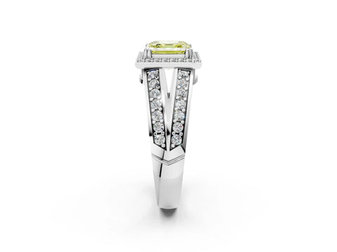 White gold Fancy Yellow Asscher Cut Diamond Halo Ring with Split Shank Pavé Band and Four-Prong Setting_2