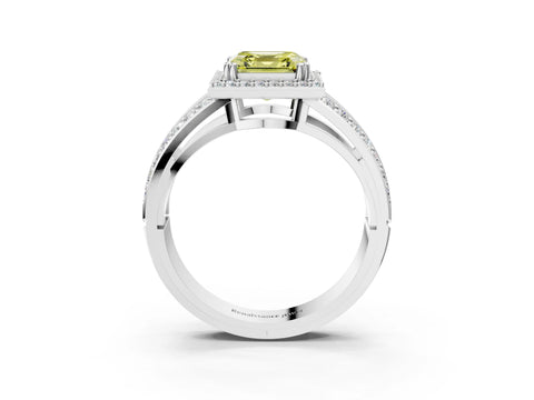 White gold Fancy Yellow Asscher Cut Diamond Halo Ring with Split Shank Pavé Band and Four-Prong Setting_3