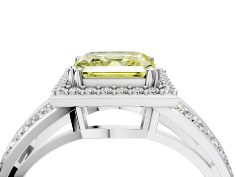 White gold Fancy Yellow Asscher Cut Diamond Halo Ring with Split Shank Pavé Band and Four-Prong Setting_4