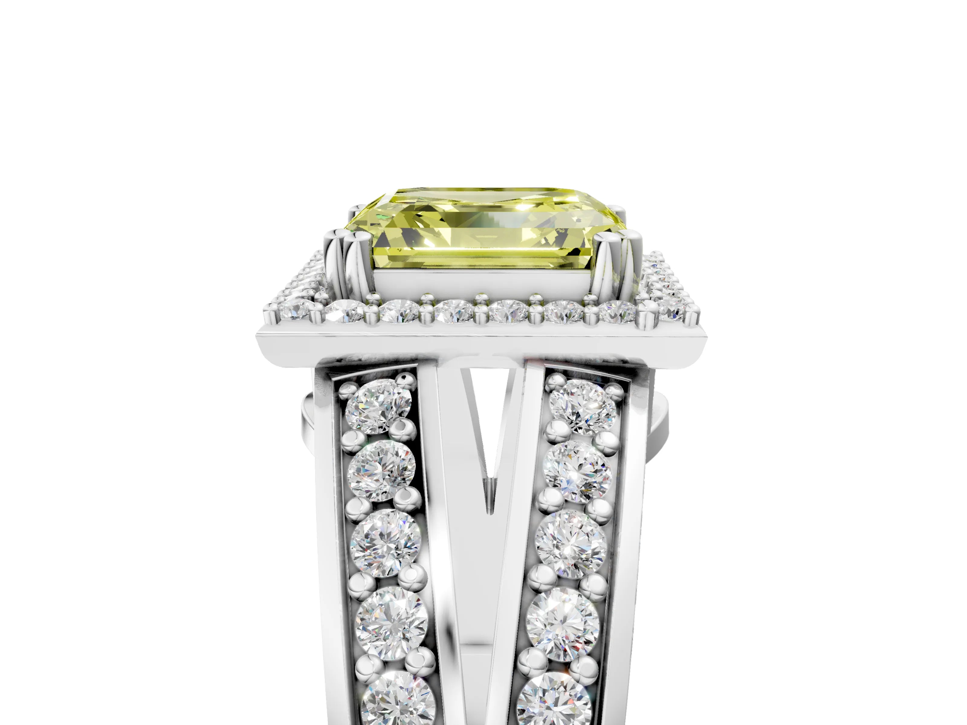 White gold Fancy Yellow Asscher Cut Diamond Halo Ring with Split Shank Pavé Band and Four-Prong Setting_5