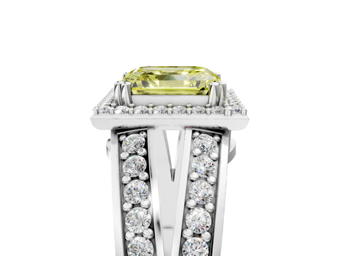 White gold Fancy Yellow Asscher Cut Diamond Halo Ring with Split Shank Pavé Band and Four-Prong Setting_5