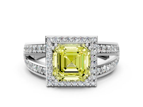White gold Fancy Yellow Asscher Cut Diamond Halo Ring with Split Shank Pavé Band and Four-Prong Setting