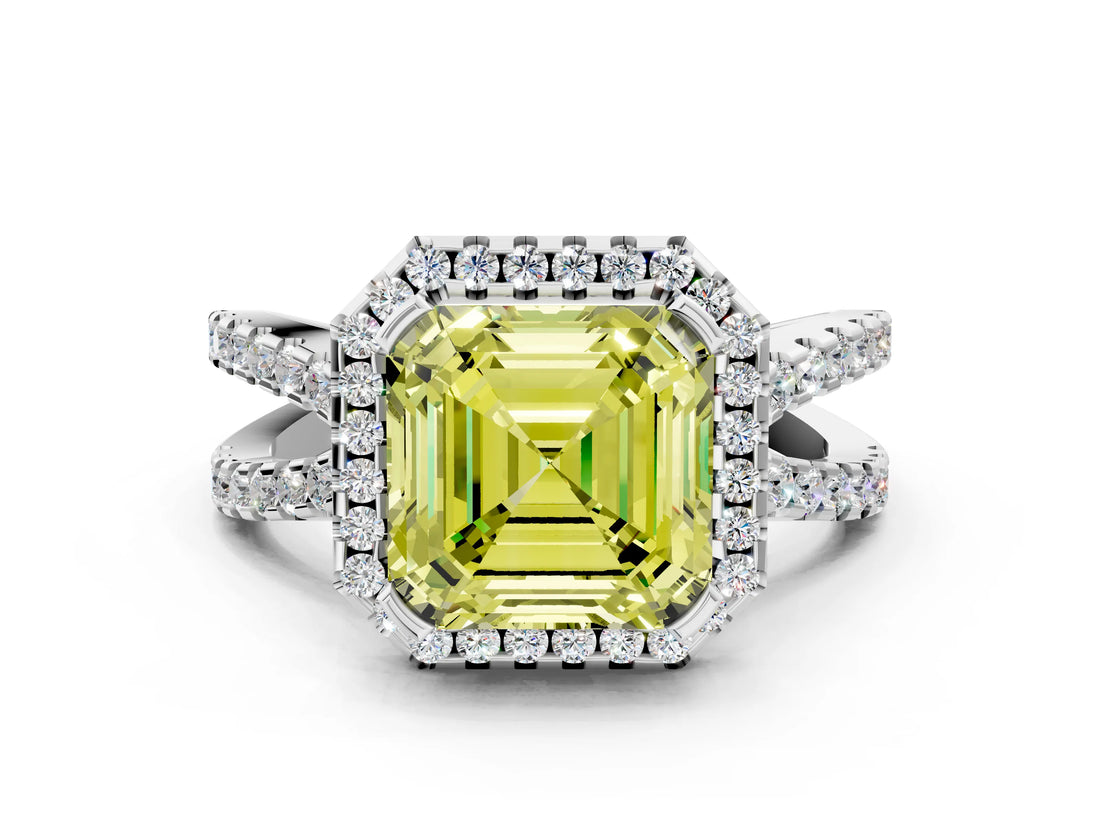 White gold Fancy Yellow Asscher Cut Diamond Halo Ring with Split Shank Pavé Band and Prong Setting_33