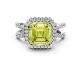 White gold Fancy Yellow Asscher Cut Diamond Halo Ring with Split Shank Pavé Band and Prong Setting_34