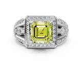 White gold Fancy Yellow Asscher Cut Diamond Halo Ring with Split Shank and Bezel Accents and Four-Prong Setting
