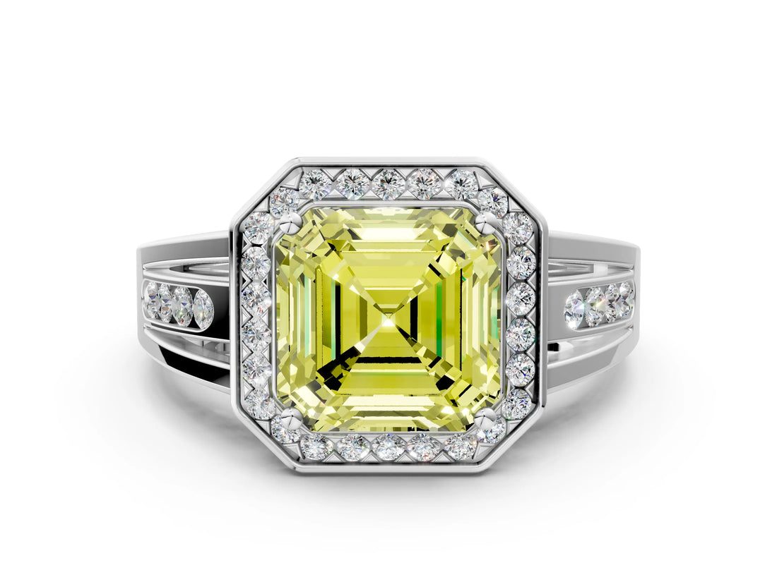 White gold Fancy Yellow Asscher Cut Diamond Halo Ring with Split Shank and Bezel Accents and Prong Setting
