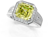 White gold Fancy Yellow Asscher Cut Diamond Halo Ring with Split Shank and Bezel Accents and Prong Setting_1