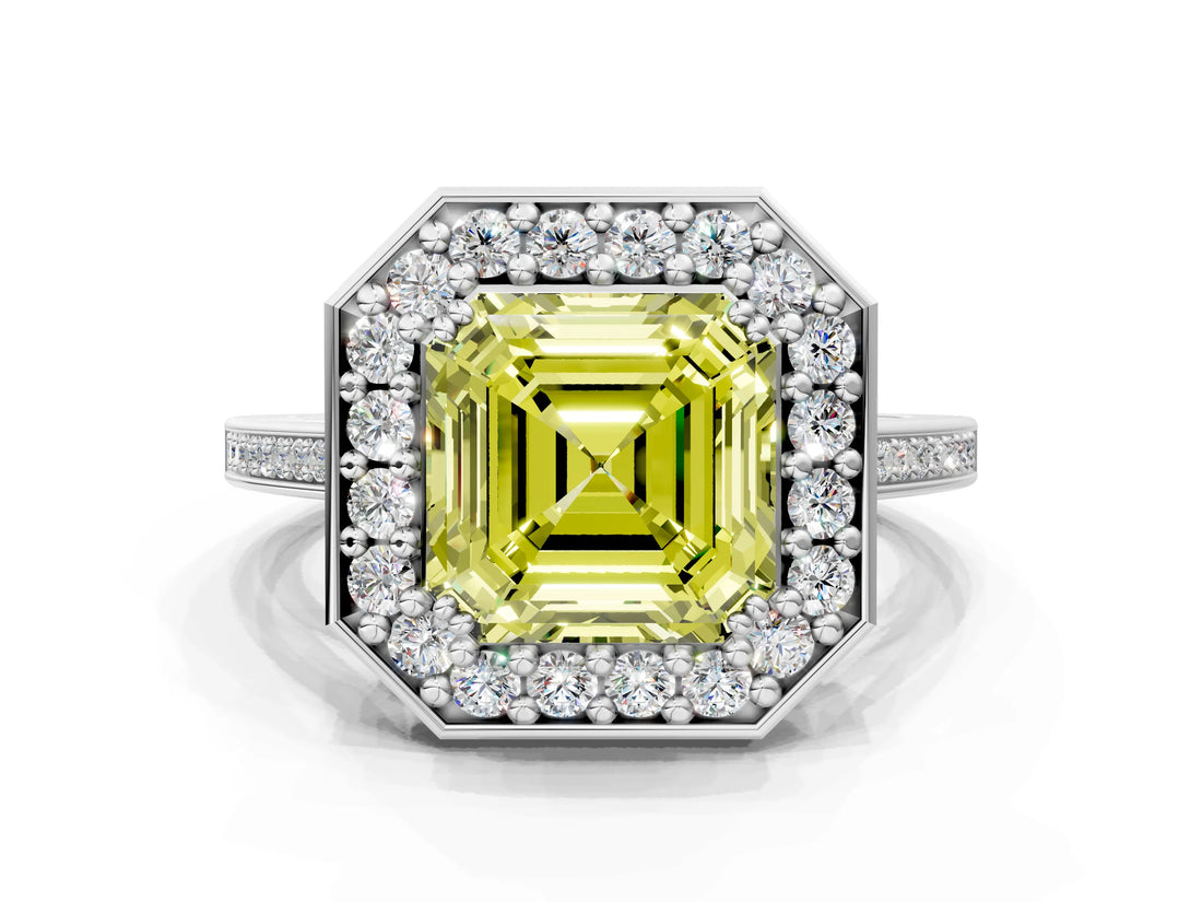 White gold Fancy Yellow Asscher Cut Diamond Halo Ring with Split Shank and Four-Prong Setting_17