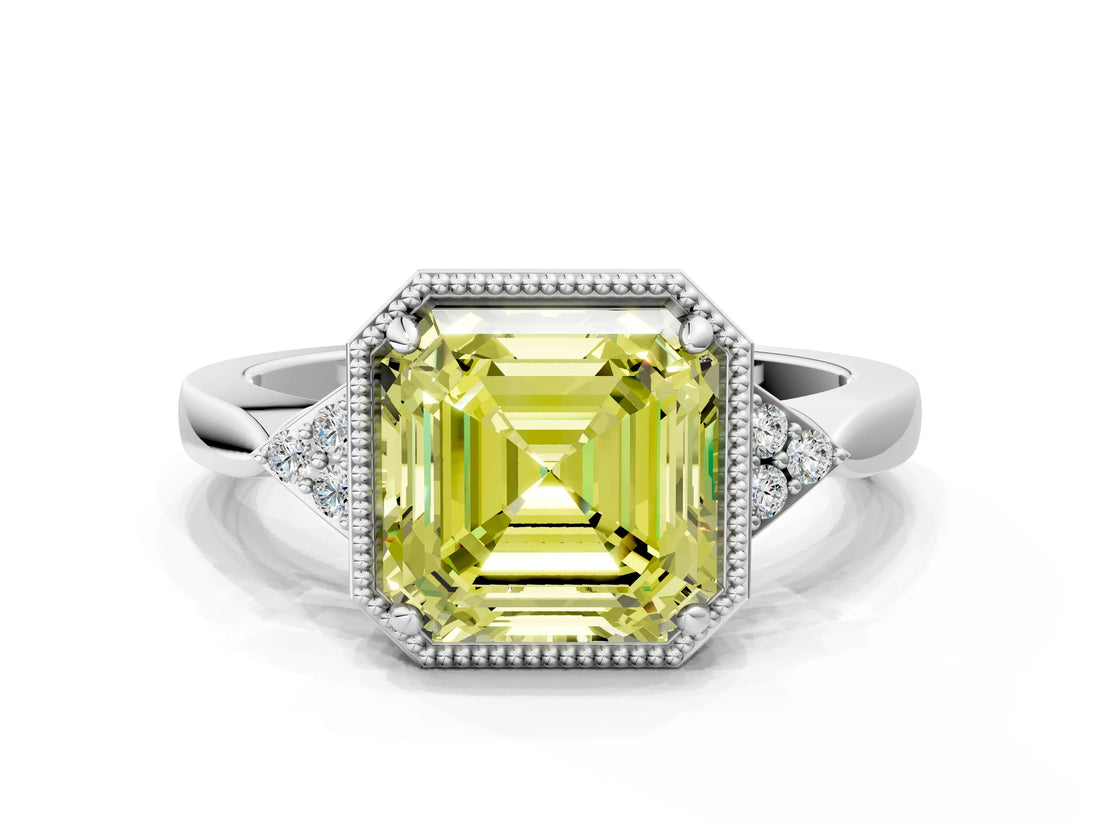 White gold Fancy Yellow Asscher Cut Diamond Halo Ring with Tapered Band and Four-Prong Setting_31