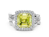 White gold Fancy Yellow Asscher Cut Diamond Halo Ring with Vintage Split Shank and Four-Prong Setting_94
