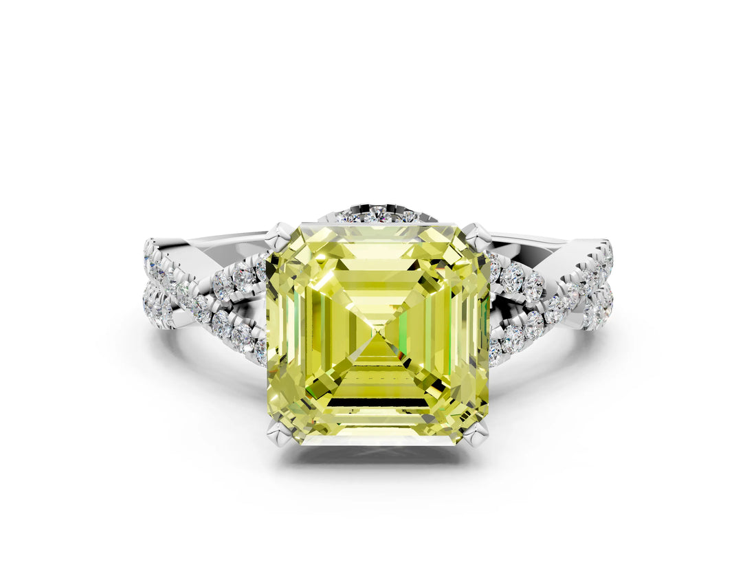 White gold Fancy Yellow Asscher Cut Diamond  Halo Twist Band Solitaire Prong Setting Ring_12