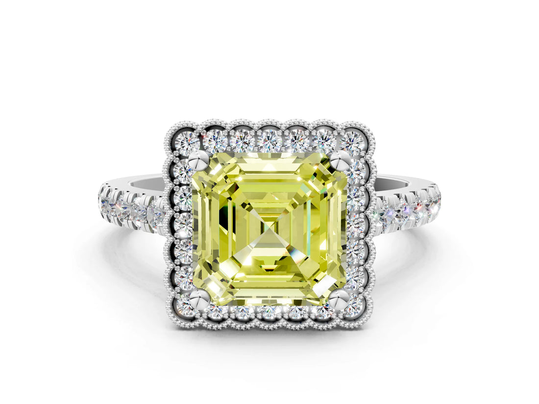 White gold Fancy Yellow Asscher  Cut Diamond Milgrain Floral Halo Engagement Ring with Pavé Band_15