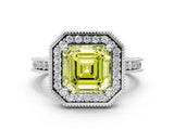 White gold Fancy Yellow Asscher Cut Diamond Milgrain Halo Engagement Ring with Round Pavé Band and Prong Setting_12