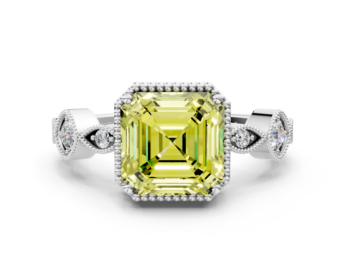 White gold Fancy Yellow Asscher  Cut Diamond Milgrain Marquise Band with Prong Setting_3