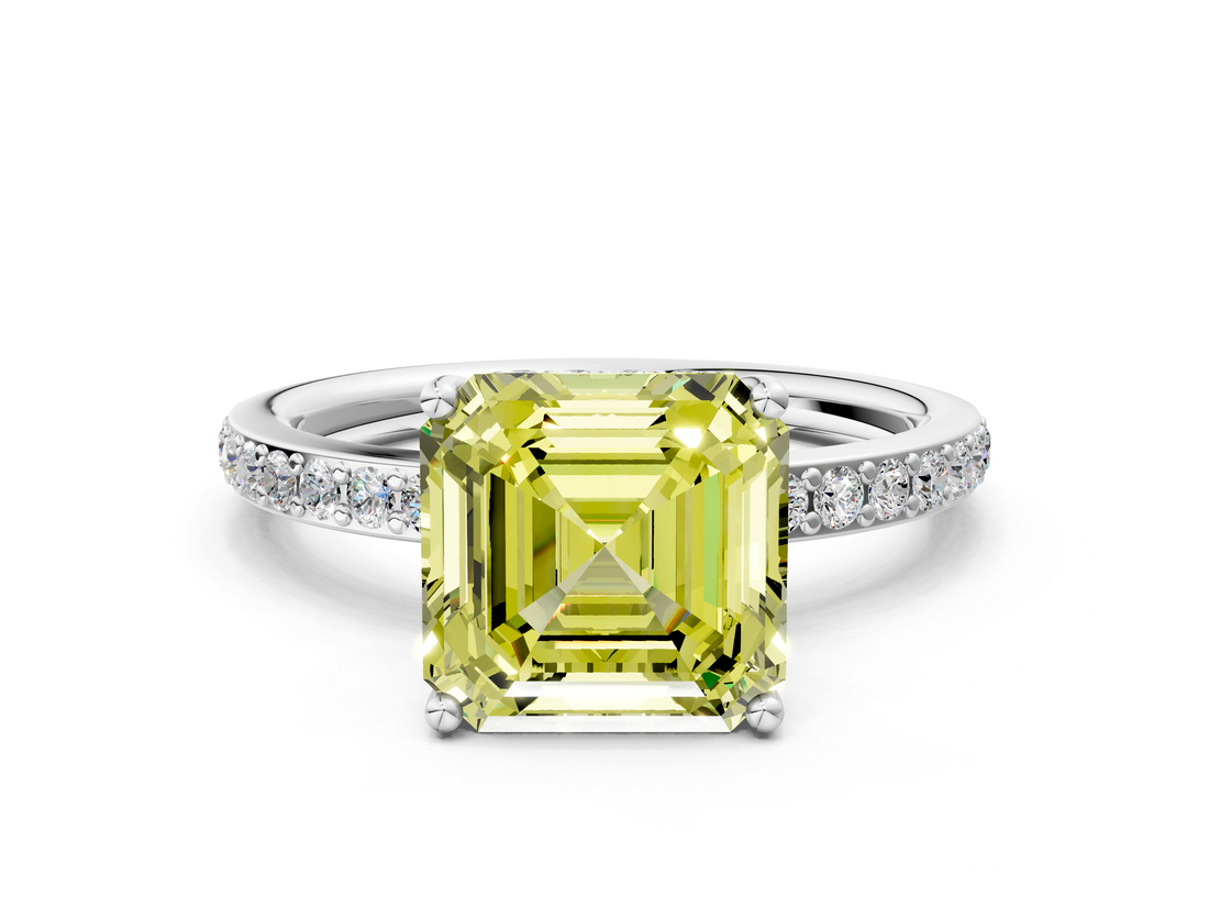 White gold Fancy Yellow Asscher  Cut Diamond Pavé Band Ring with Four-Prong Setting_16